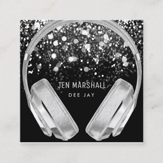 DJシルバーフェイクフォイルエフェクトヘッドフォン スクエア名刺 (正面)