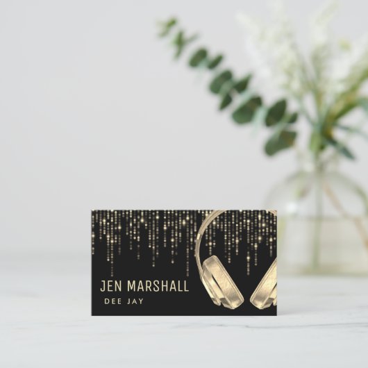 DJフェイク金ゴールドフォイルのドット雨の音楽ヘッドフォン 名刺 (スタンド正面)