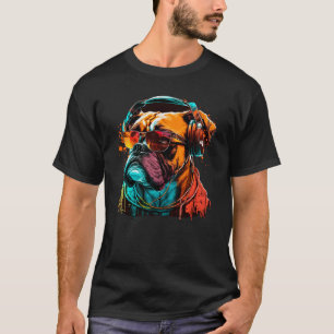 Djブルドッグとヘッドフォンとサングラス Tシャツ