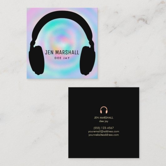 DJヘッドフォンをホログラフィフェイクック背景に表示 スクエア名刺 (正面/裏面)