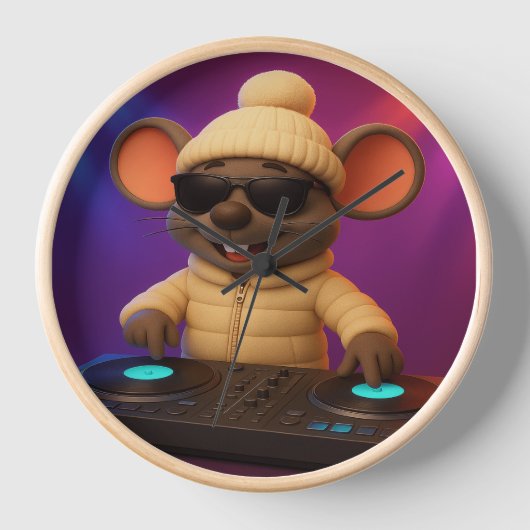 DJマウスウォールクロック | 冬おもしろいパーティー動物デ 壁時計 (正面)