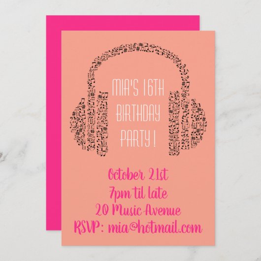 DJミュファンキーージクールック10代の少女誕生パーティー 招待状 (正面/裏面)