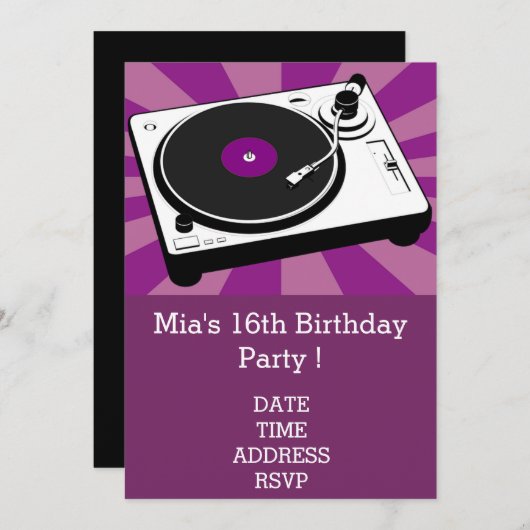 DJレトロファンキー10代の女の子のバースデーパーティー 招待状 (正面/裏面)