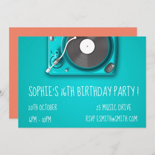DJレトロファンキー10代の女の子の誕生日パーティー 招待状 (正面/裏面)