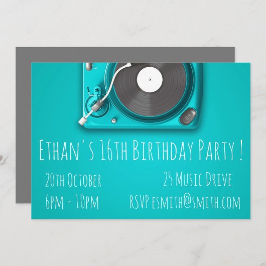 DJレトロファンキー10代の男の子のバースデーパーティー 招待状 (正面/裏面)
