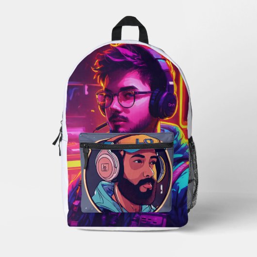 DJロゴティーの帯電 – Neon Lights and Starry プリントバックパック (正面)