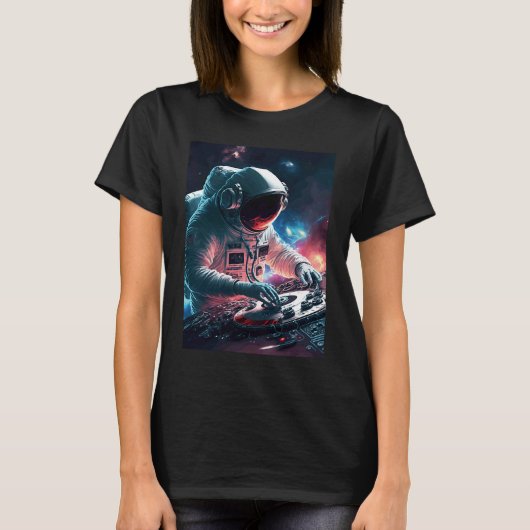 DJ宇宙飛行士ターンテーブルイン宇宙グラフィック男性へアン Tシャツ (正面)