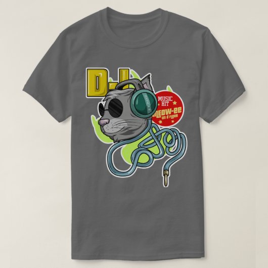 DJ用サングラス猫ヘッドフォン Tシャツ (デザイン正面)
