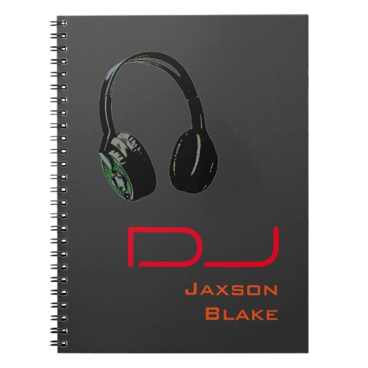 DJ赤オスタイリッシュレンジグレー背景ヘッドフォン ノートブック (正面)