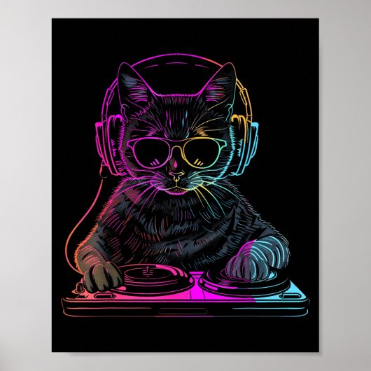 Dj 猫 EDM テクノ ハウスミュージック おもしろ 猫好き レディース ポスター (正面)