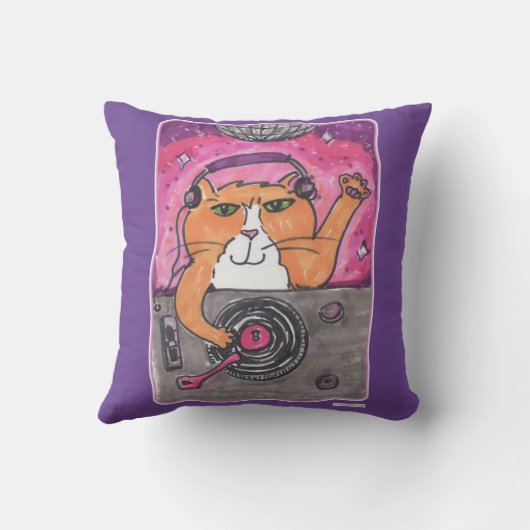 Dj Catカッコいいマーカアートイラストレーション漫画おもしろい クッション (裏面)