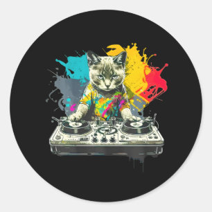 Dj Catハウスおもしろい音楽キャット音楽愛好家 ラウンドシール