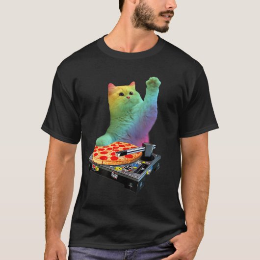 DJ Cat Cat DJ Pizza EDM Music Cute White子猫 Tシャツ (正面)
