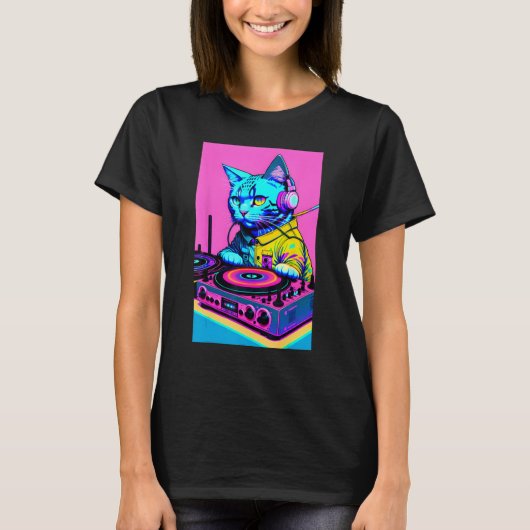 DJ Cat HeadphonesターンテーブルDJ Mixer Dreamwave Sty Tシャツ (正面)