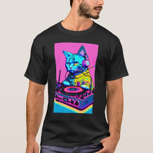 DJ Cat Headphones Turntable DJ Mixer Dreamwave Sty Tシャツ (正面)