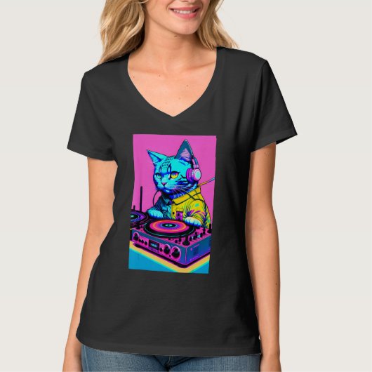 DJ Cat Headphones Turntable DJ Mixer Dreamwave Sty Tシャツ (正面)