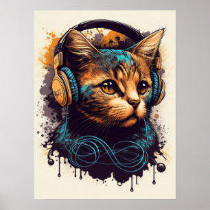 DJ Cat With Headphones ポスター