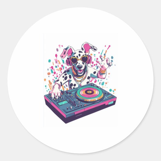 DJ Dalmatian - EDM Raveパーティー犬 ラウンドシール (正面)