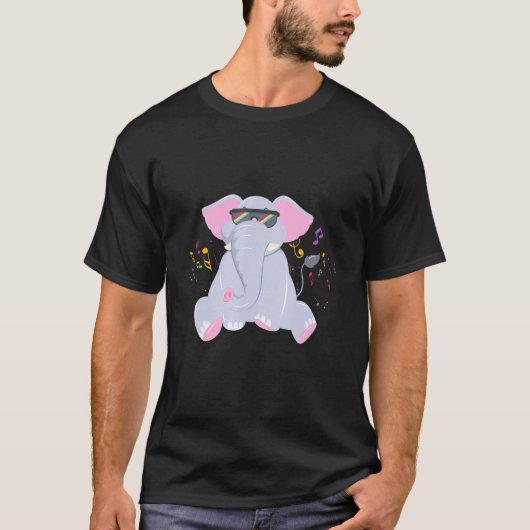 Dj Elephant Animal Musical Notes Disco Tシャツ (正面)