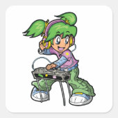 DJ Girl with Green Hair and Headphones スクエアシール (正面)