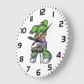 DJ Girl with Green Hair and Headphones ラージ壁時計 (傾斜)