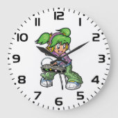 DJ Girl with Green Hair and Headphones ラージ壁時計 (正面)