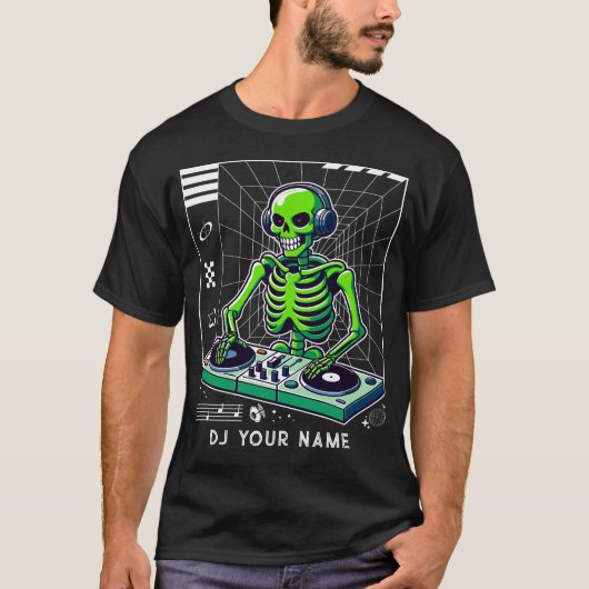 DJ Skeleton atターンテーブルクラブミュージックカスタムDJ Tシャツ (正面)