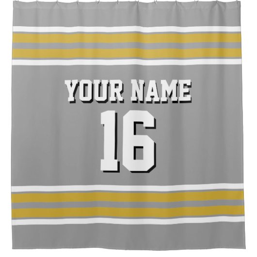 Dkグレイ金ゴールドホワイトストライプスポーツジャージー シャワーカーテン (正面)