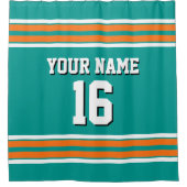 Dkティール(緑がかった色)カボプキンオレンジホワイトスストライプポーツジャージー シャワーカーテン (正面)