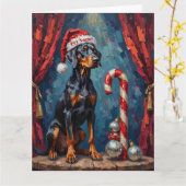 Doberman Balancing Act Christmas Candy Cane Hat カード (黄色い花)
