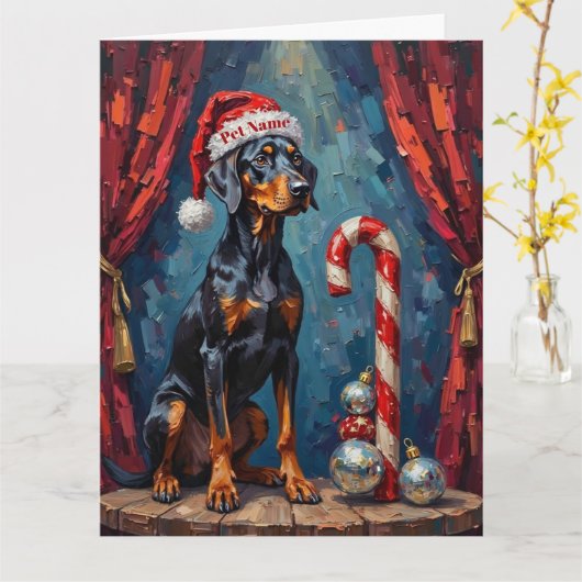 Doberman Balancing Act Christmas Candy Cane Hat カード (黄色い花)