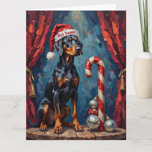 Doberman Balancing Act Christmas Candy Cane Hat カード (正面)