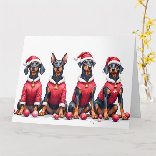 Doberman Christmas Dress Santa Hat カード (黄色い花)