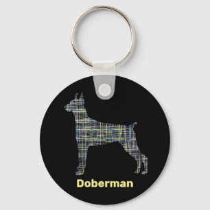 Doberman Dogシルエットイエロー&ブラックグリッド線 キーホルダー