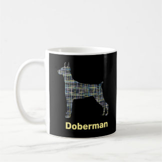 Doberman Dogシルエットイエロー&ブラックグリッド線 コーヒーマグカップ