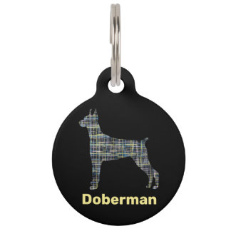 Doberman Dogシルエットイエロー&ブラックグリッド線 ペット ネームタグ