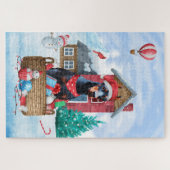 Doberman Dog In snow Christmas Dog House ジグソーパズル (横)