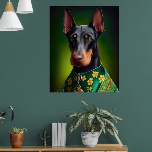 Doberman Dog in St. Patrick's Day Dress ポスター (リビング1)