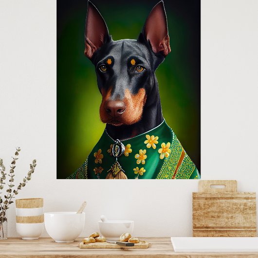 Doberman Dog in St. Patrick's Day Dress ポスター (キッチン)
