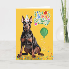 Doberman Dog Party Hat Yellow Birthday カード
