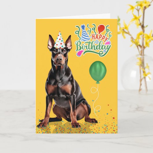 Doberman Dog Party Hat Yellow Birthday カード (黄色い花)