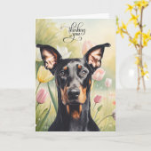 Doberman Dog Pastel Tulips Thinking of You カード (黄色い花)