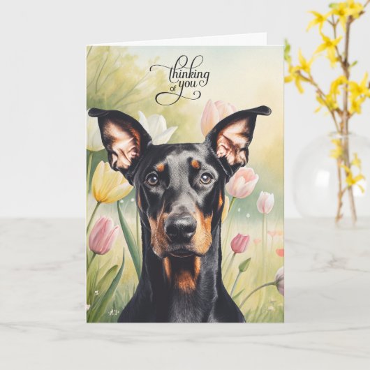 Doberman Dog Pastel Tulips Thinking of You カード (黄色い花)
