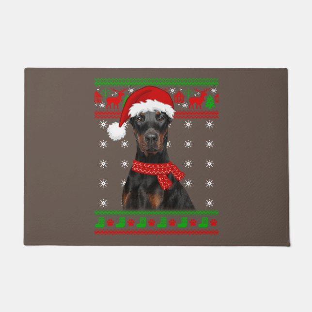 Doberman Dog Ugly Sweater Christmas Puppy Dog Love ドアマット (正面)