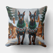 Doberman Dogs Christmas Snow Holiday  クッション (正面)