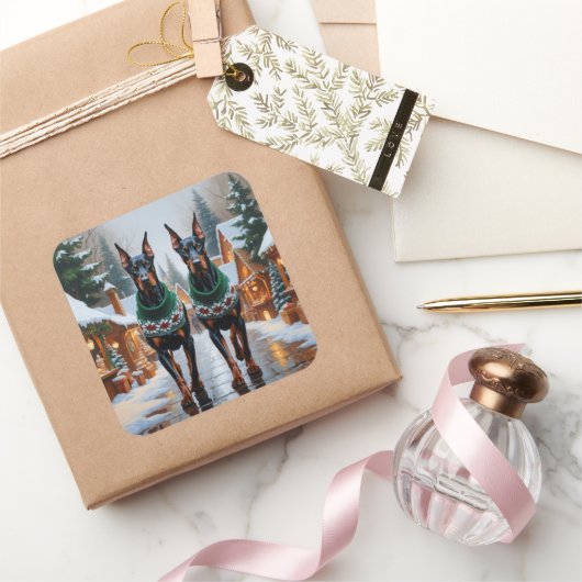 Doberman Dogs Christmas Snow Holiday  スクエアシール (ギフト)