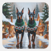 Doberman Dogs Christmas Snow Holiday  スクエアシール (正面)