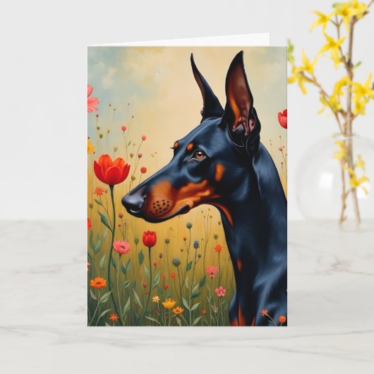 Doberman in a field of flowers  カード (黄色い花)