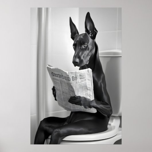 Doberman on Toilet, Newspaper, Funny Bathroom Art ポスター (正面)