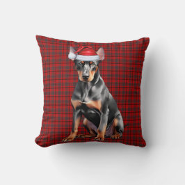 Doberman Pinscher and Holiday Plaid Christmas Dog クッション